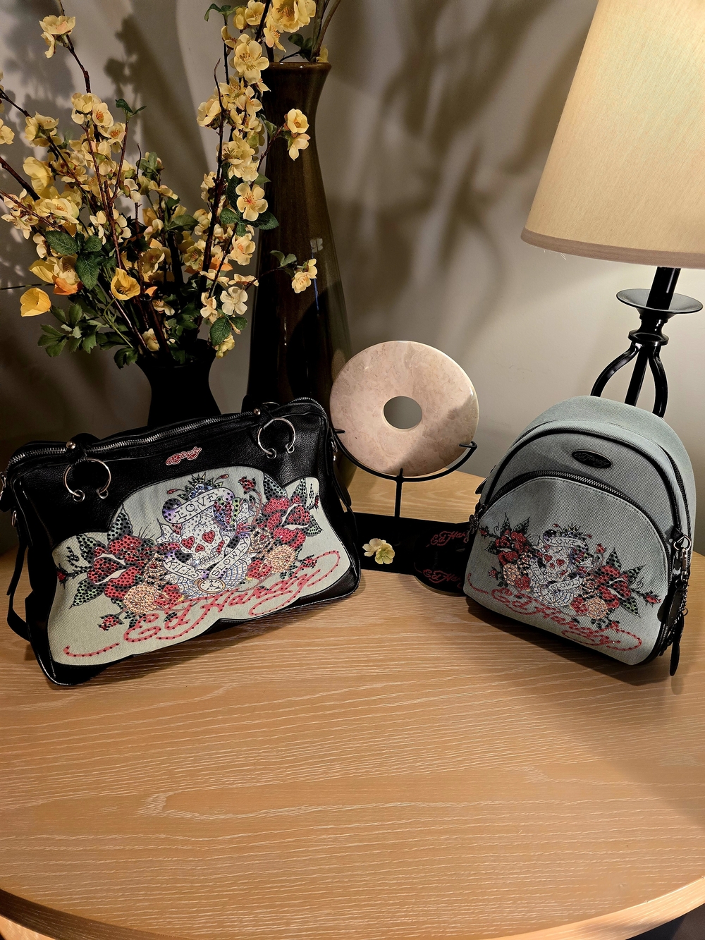 Ed Hardy Black and Gray Floral Skull Shoulder Bag Duo